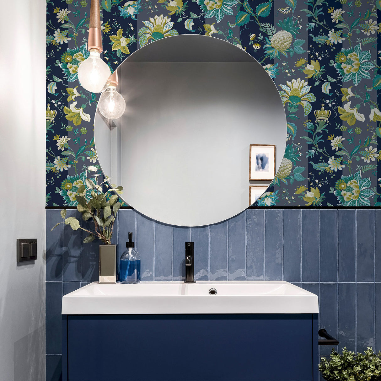 Cornelia Navy by Arthouse Floral Stripe Wallpaper – Brewster Home Fashions AH922801