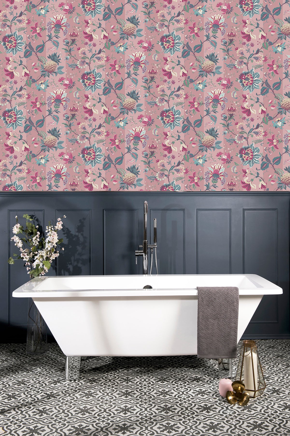 Cornelia Pink by Arthouse Floral Stripe Wallpaper – Brewster Home Fashions AH922802