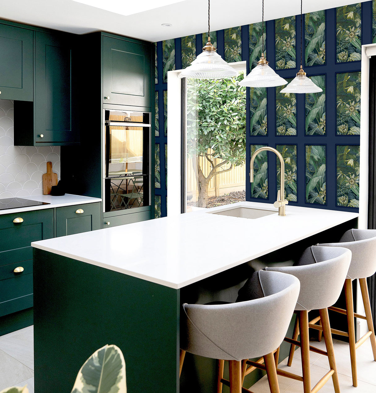 Wendell Navy by Arthouse Wild Vibes Contemporary Tropical Botanical Framed Panel Wallpaper in Rich Navy and Green - AH922803