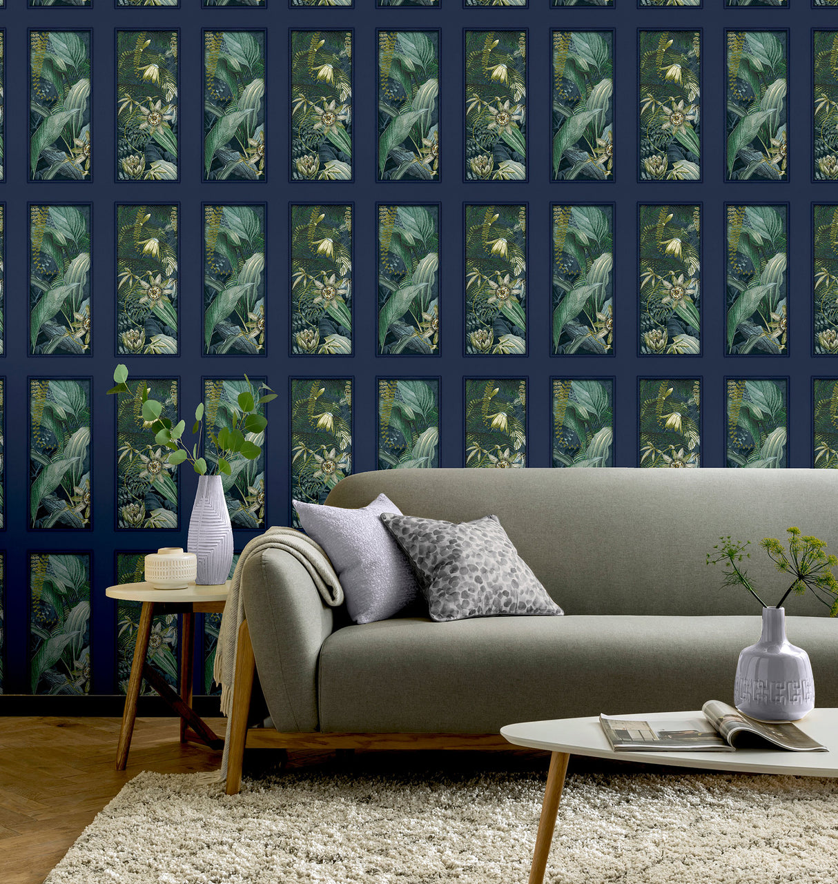 Wendell Navy by Arthouse Wild Vibes Contemporary Tropical Botanical Framed Panel Wallpaper in Rich Navy and Green - AH922803