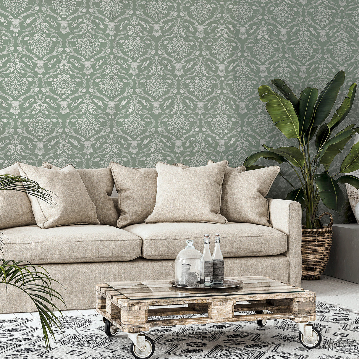 Wickham Green by Arthouse Stag Damask Wallpaper – Brewster Home Fashions AH923706