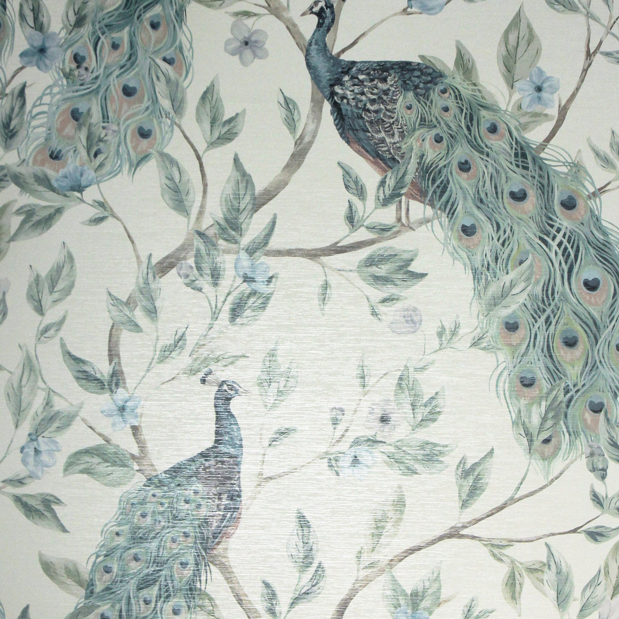 Keeka Blue Peacocks wallpaper by Arthouse featuring perched peacocks and floral branches