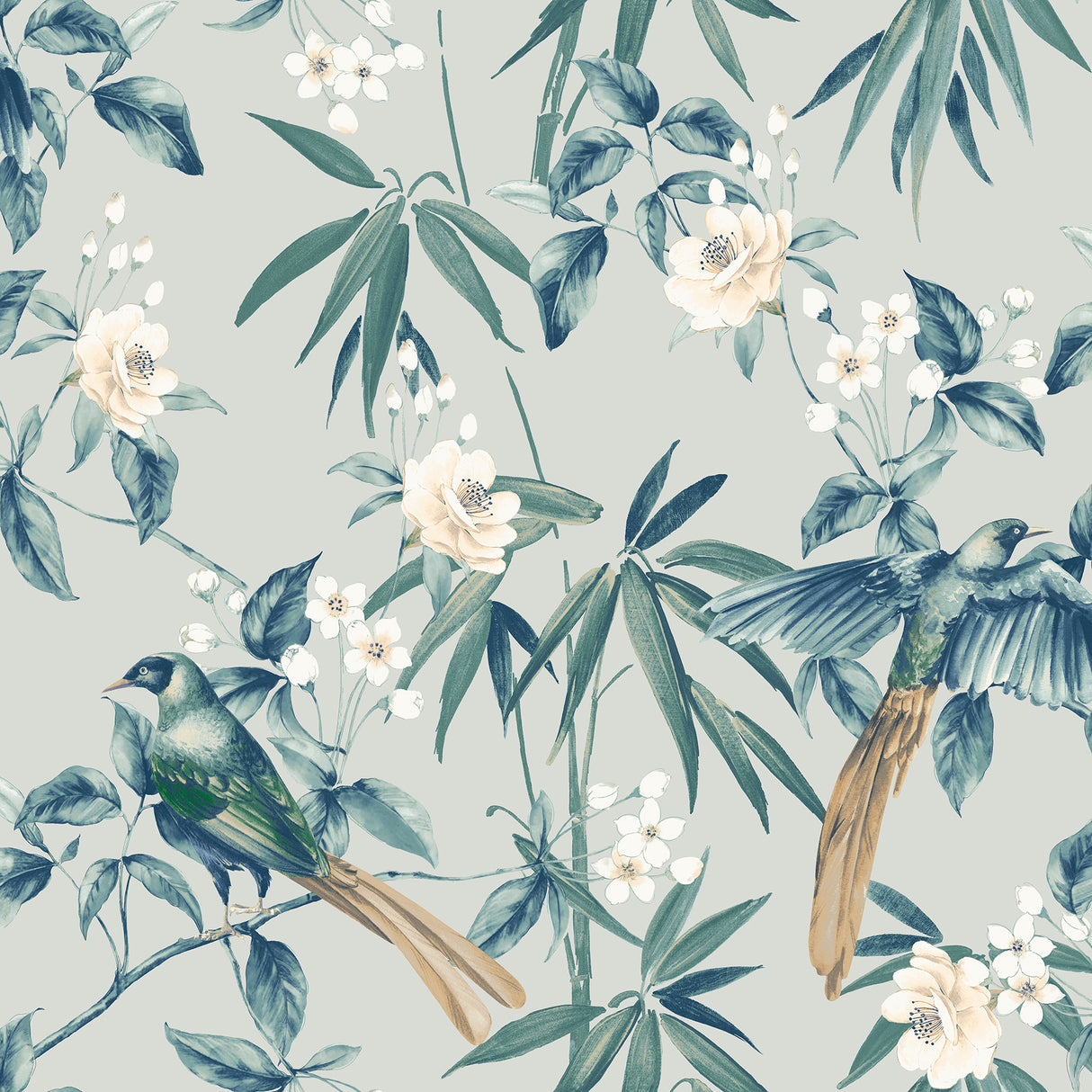 Suzume Teal Birds and Blooms wallpaper in teal by Arthouse