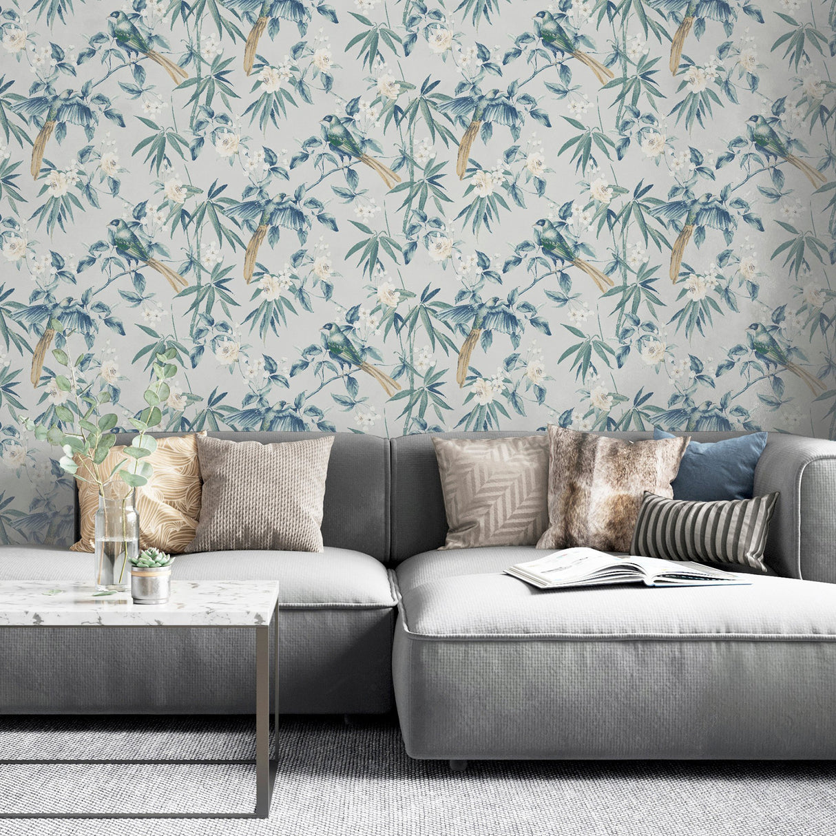 Suzume Teal Birds and Blooms Teal by Arthouse Wallpaper- Brewster Home Fashions AH924500