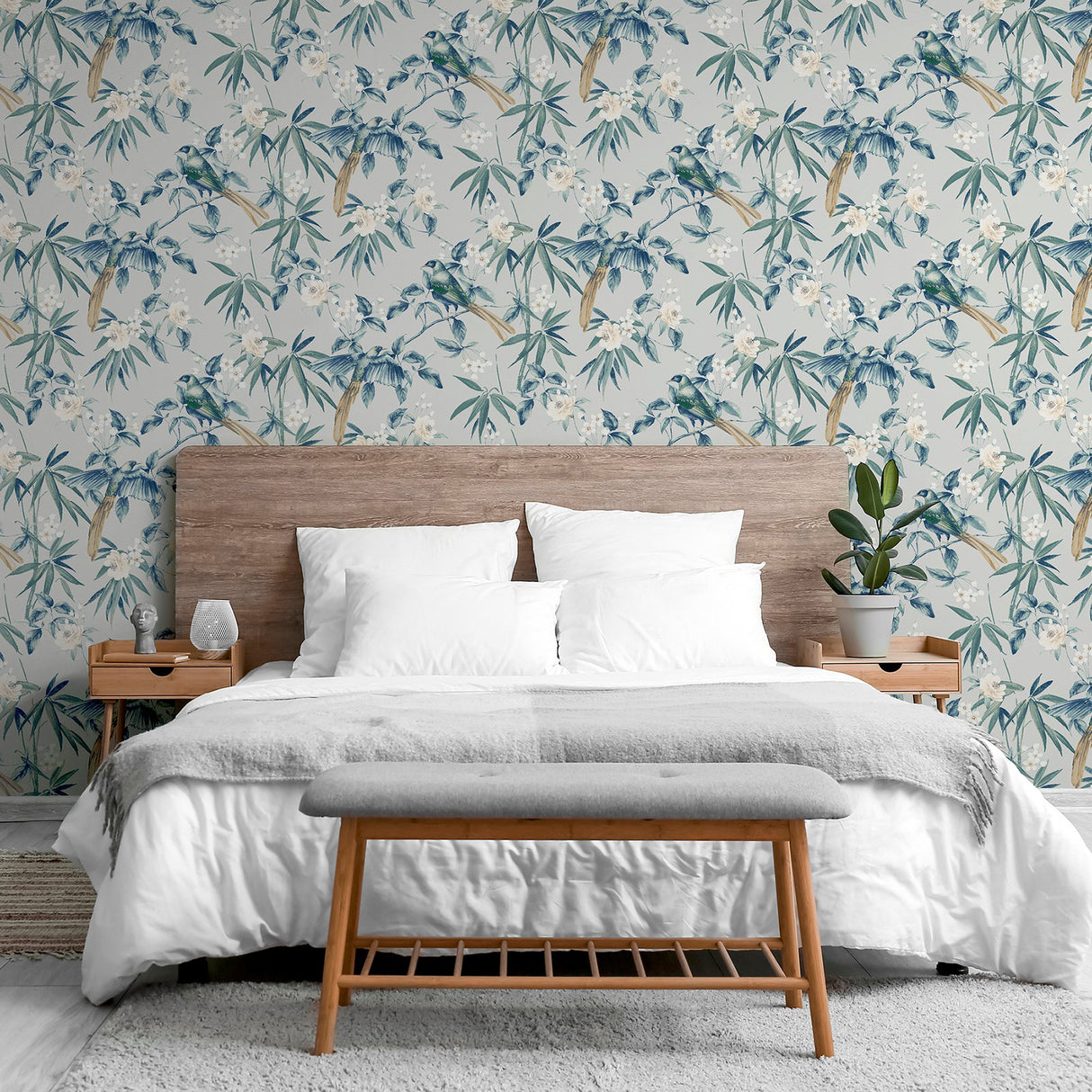 Suzume Teal Birds and Blooms Teal by Arthouse Wallpaper- Brewster Home Fashions AH924500