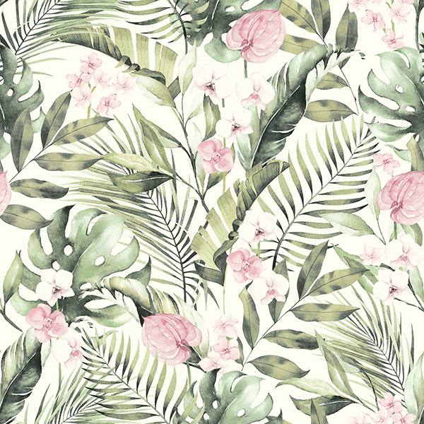 Harrietta Green Tropical Floral wallpaper by Arthouse with watercolor palms and pink flowers on white
