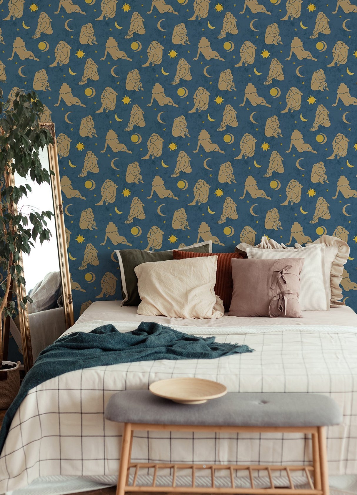 Nudes Dark Blue Peel & Stick Wallpaper with Celestial Nude Silhouette Motif - NuWallpaper AHS4715