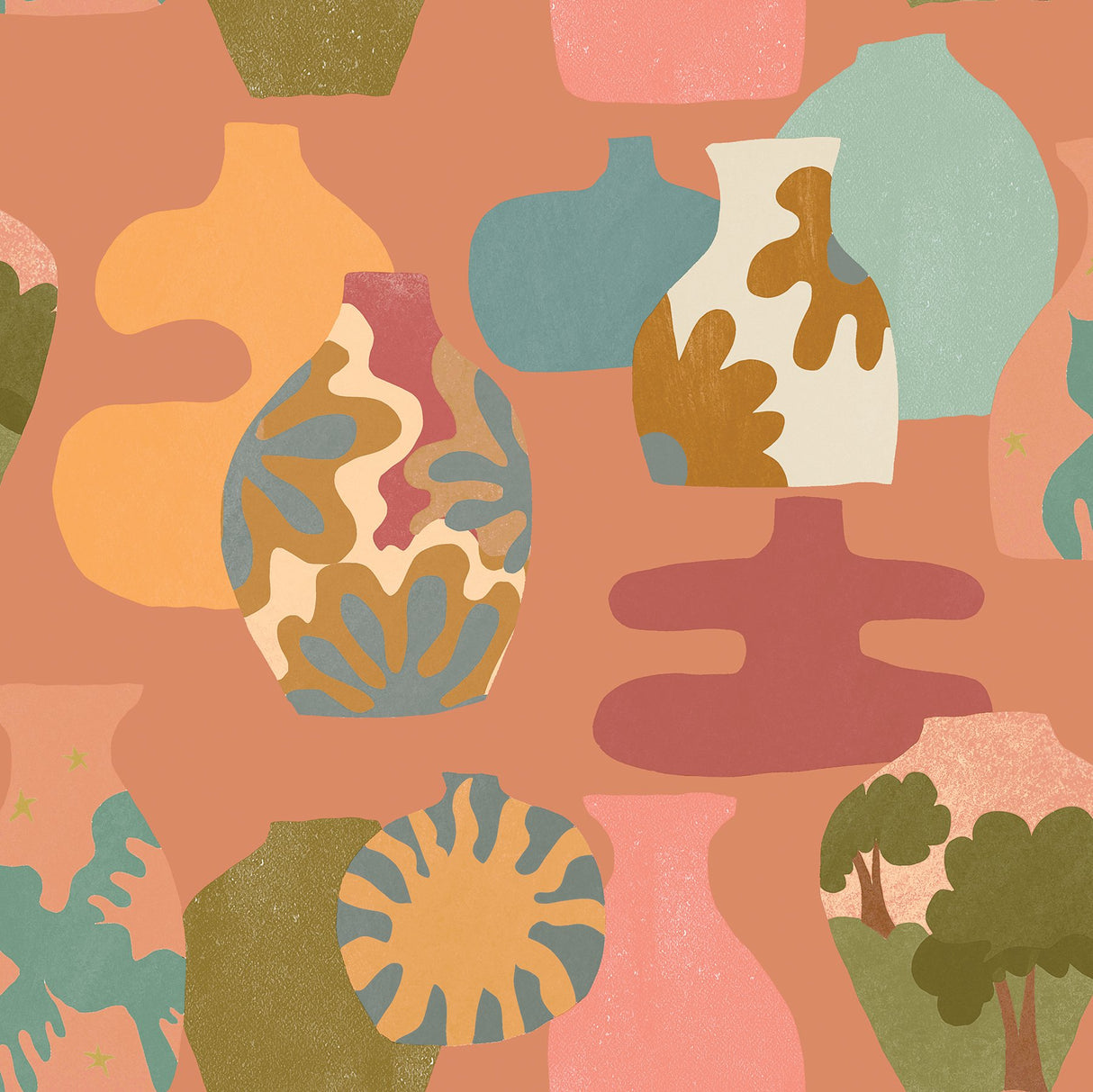 Miracle Vases Terracotta Peel & Stick Wallpaper with Abstract Geometric Vase Motif - NuWallpaper AHS4722