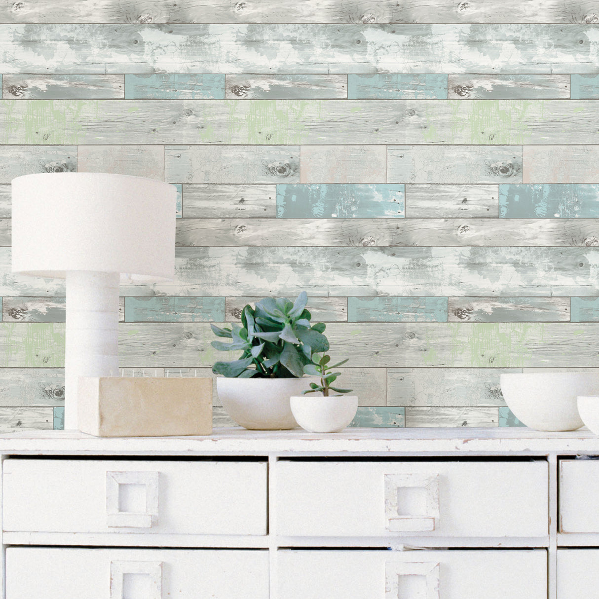 Coastal Plank Blue Peel and Stick Wallpaper by InHome WallPops Rustic Weathered Wood Plank Design in Blue and Grey - ARW4227