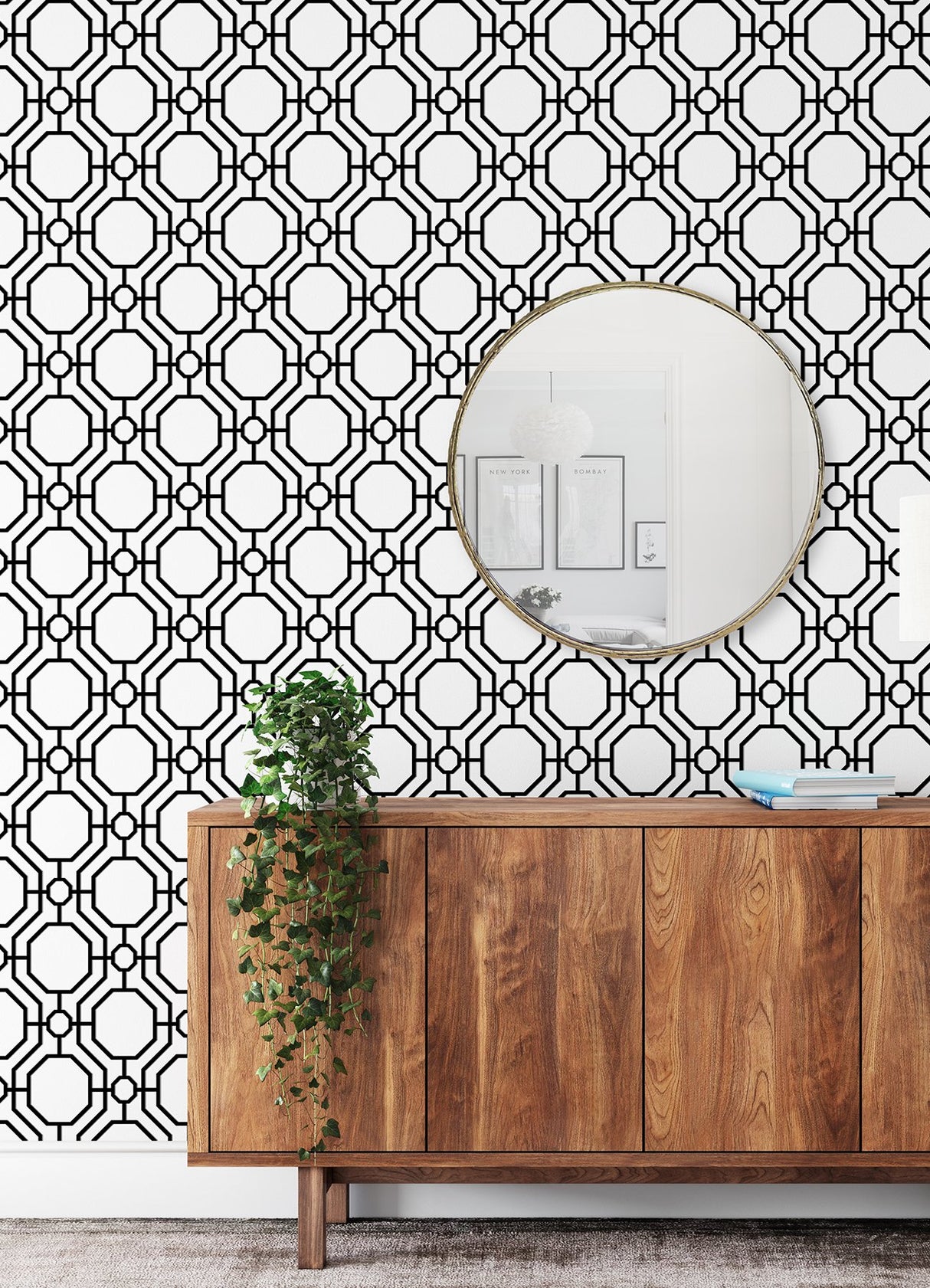 Crawford Black & White Peel & Stick Wallpaper with Geometric Octagon Trellis - InHome ARW4248