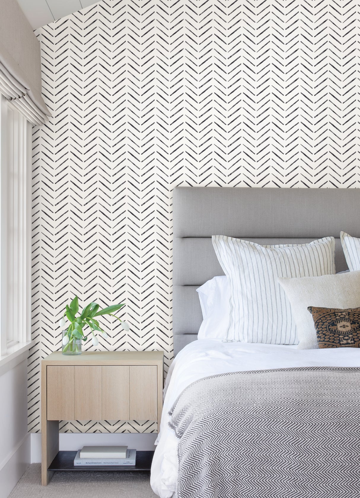 Black Chevron Black and White by InHome WallPops Easy Peel and Stick Removable Geometric Brushstroke Chevron Pattern Wallpaper Roll - ARW6113