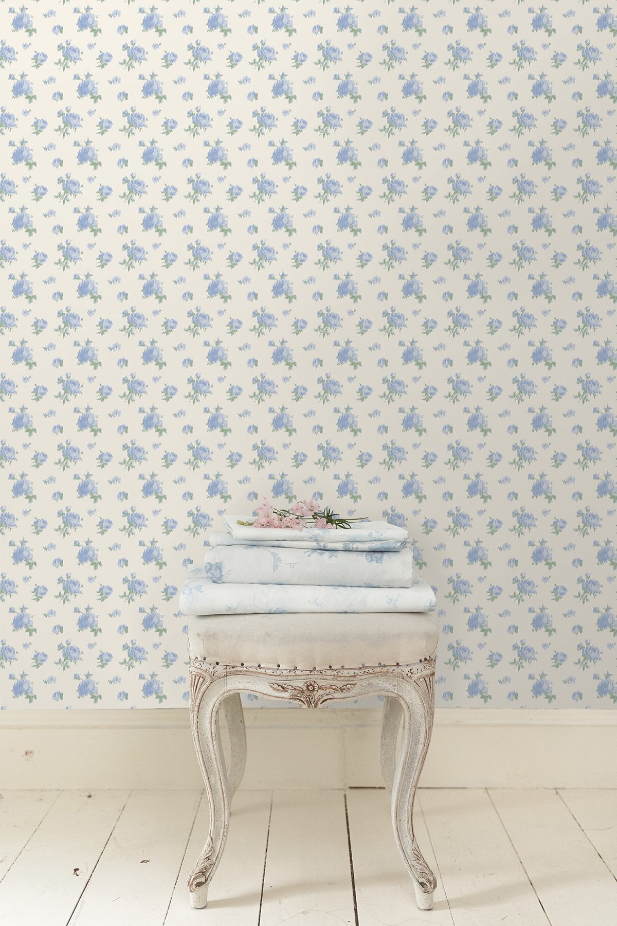 Ikat Rose Blue Small Print Wallpaper with Vintage Botanical Flower Motif - A-Street Prints AST4107
