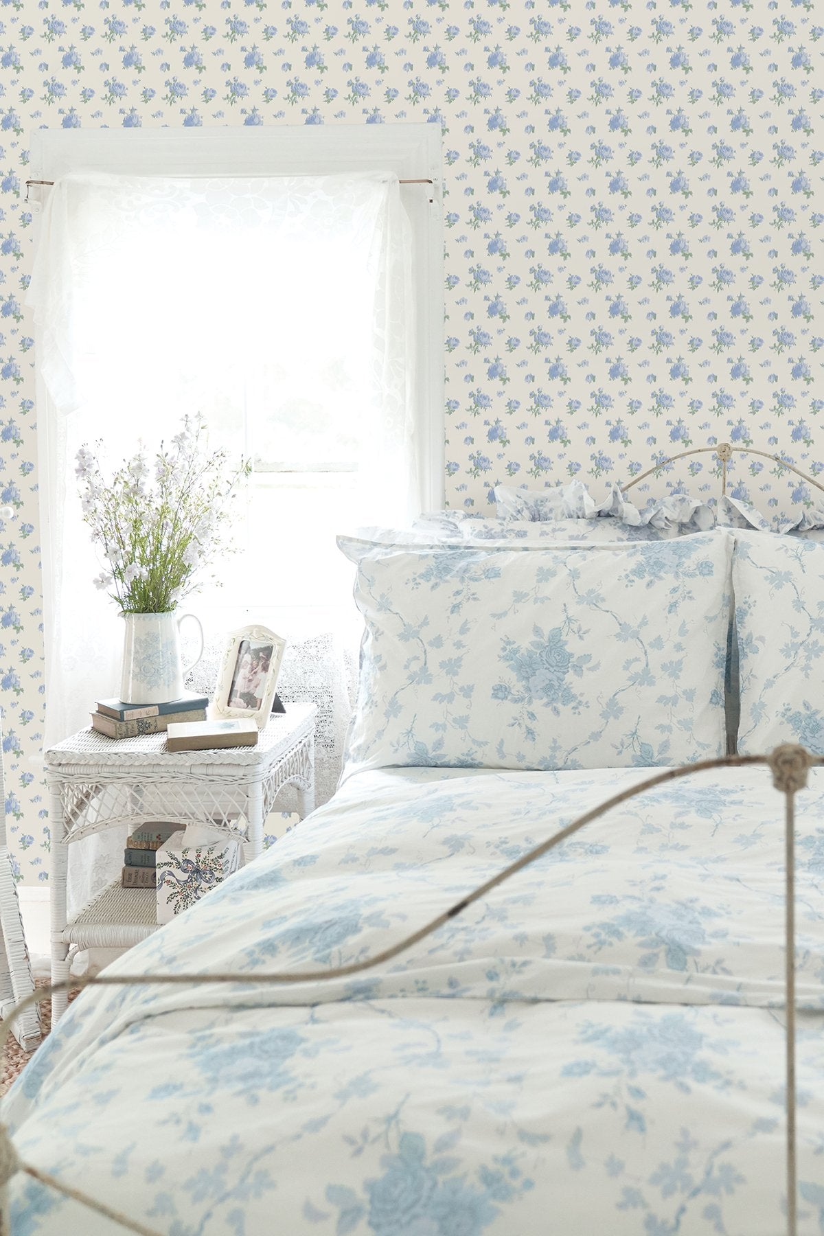 Ikat Rose Blue Small Print Wallpaper with Vintage Botanical Flower Motif - A-Street Prints AST4107