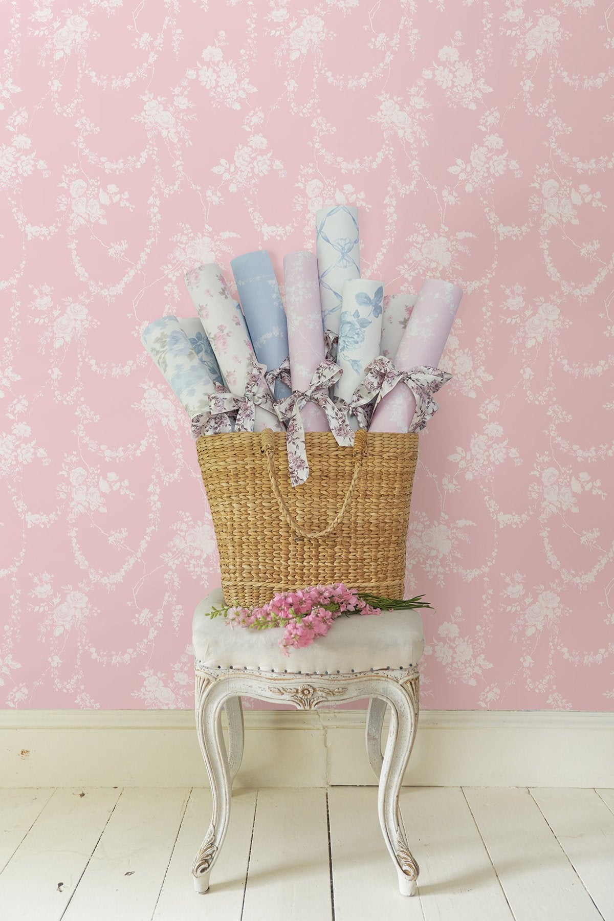 Chandelier Gates Easter Pink Floral Drape Wallpaper with Whimsical Botanical Flower Garlands - Brewster AST4110
