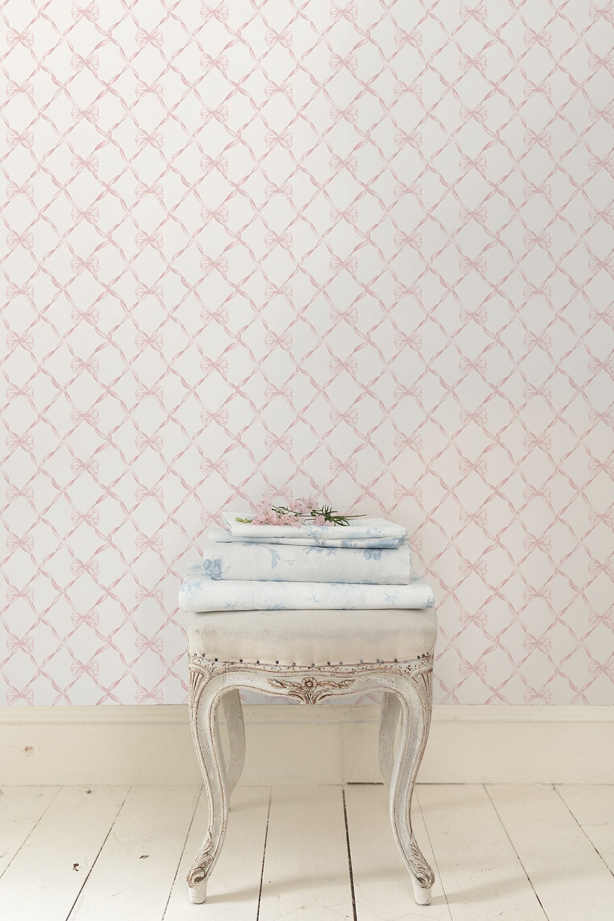 Baby Bow Faded Primrose Ribbon Trellis Wallpaper with Whimsical Novelty Pattern - A-Street Prints AST4114
