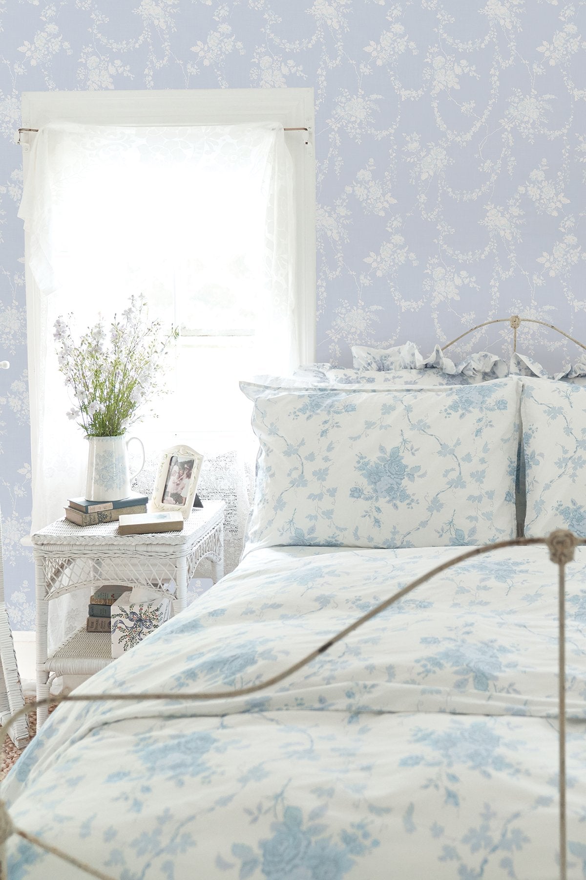 Chandelier Gates Blue Gemstone Floral Drape Wallpaper with Whimsical Botanical Flowers - A-Street Prints AST4170