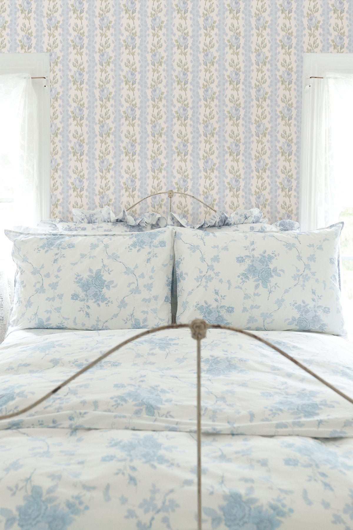 Blooming Heirloom Blue Romance Rose Stripe Wallpaper with Floral Stripe Ikat Motif - AST4171