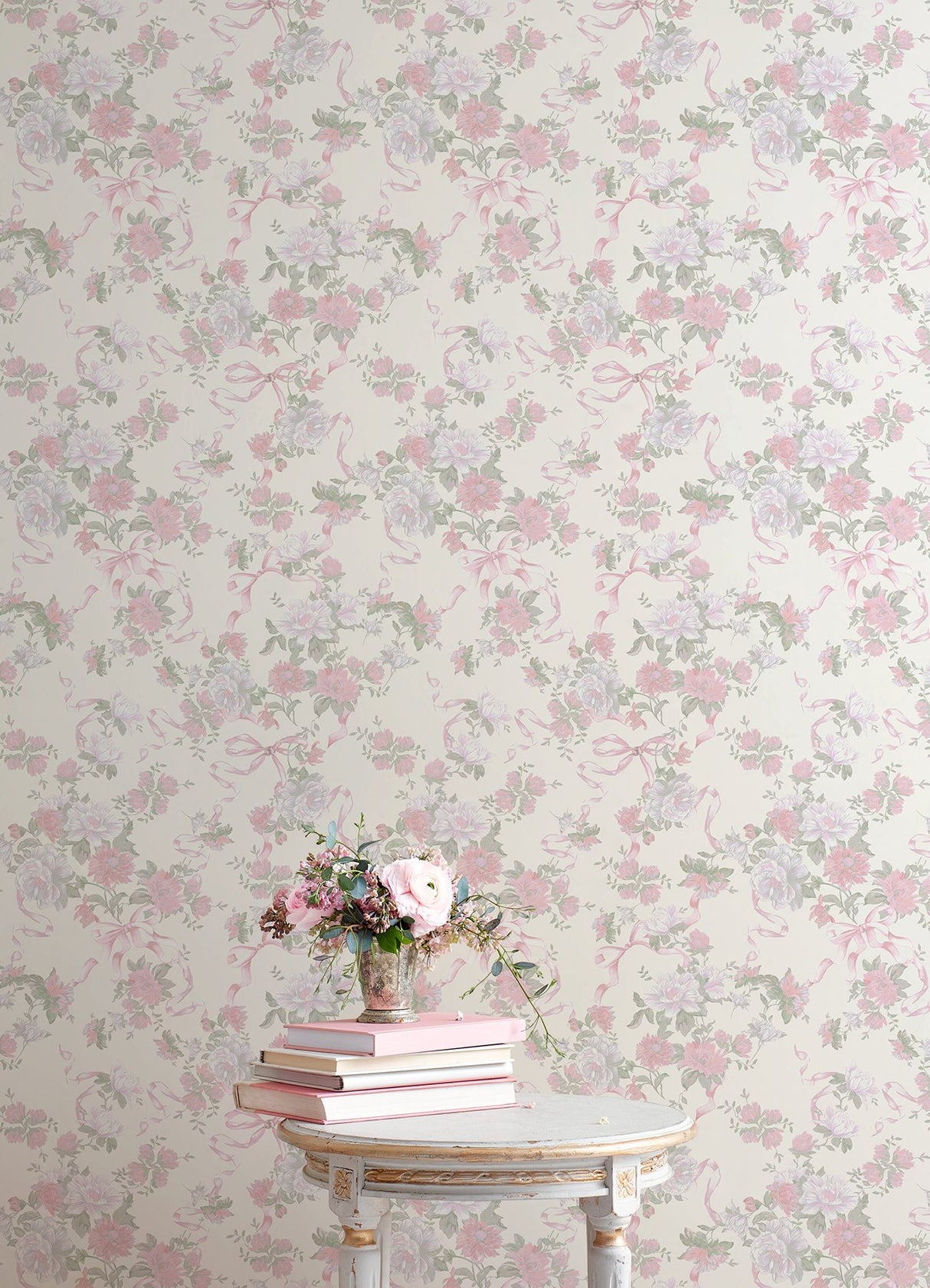 Cabbage Rose Bow Pretty in Pink Ribbons & Roses Wallpaper with Whimsical Botanical Floral Pattern - A-Street Prints AST4653