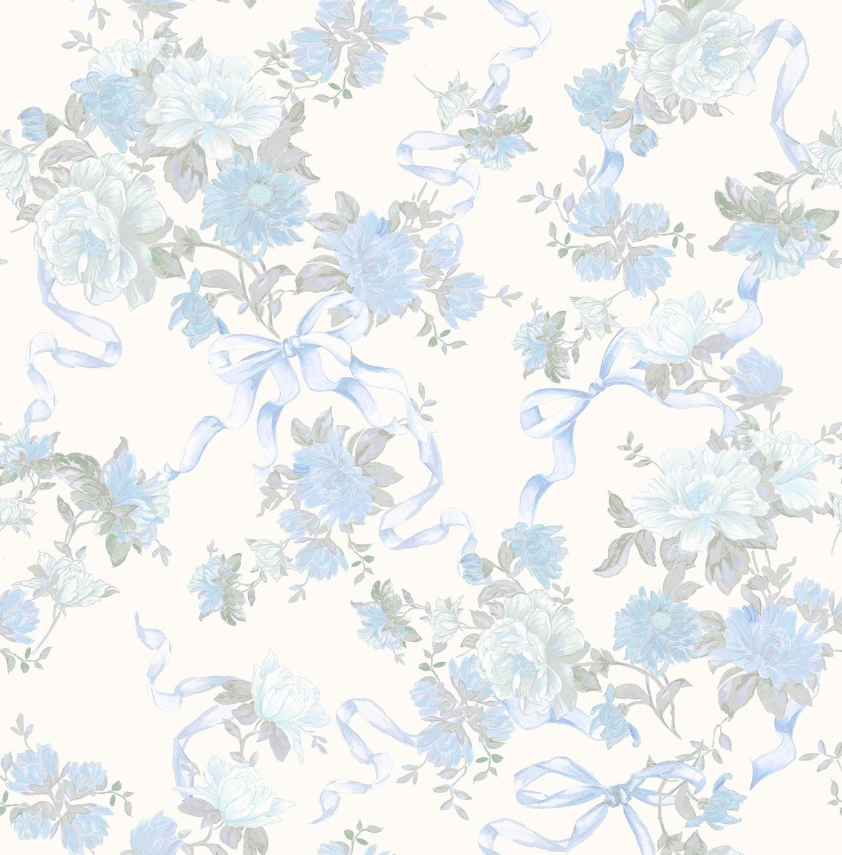 Cabbage Rose Bow Dusty River Blue Ribbons & Roses Wallpaper with Whimsical Botanical Floral Pattern - A?Street Prints AST4654