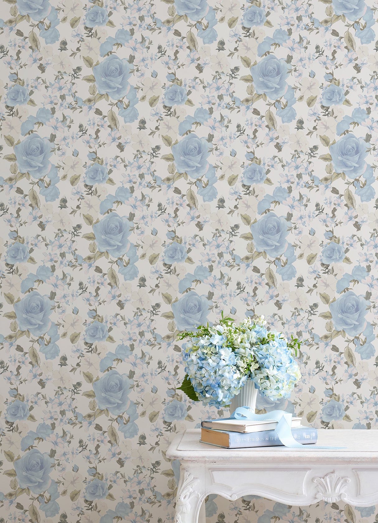 Sunset Harbor Rose Bella Lina Blue Wallpaper with Whimsical Botanical Flower Pattern - A?Street Prints AST4656