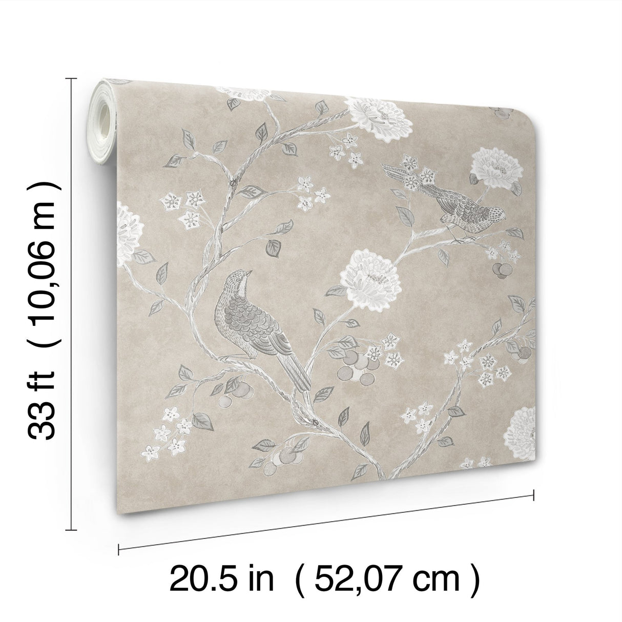 Wellesley Taupe Chinoiserie Wallpaper with Vintage Bird and Floral Motif - A?Street Prints AST4969