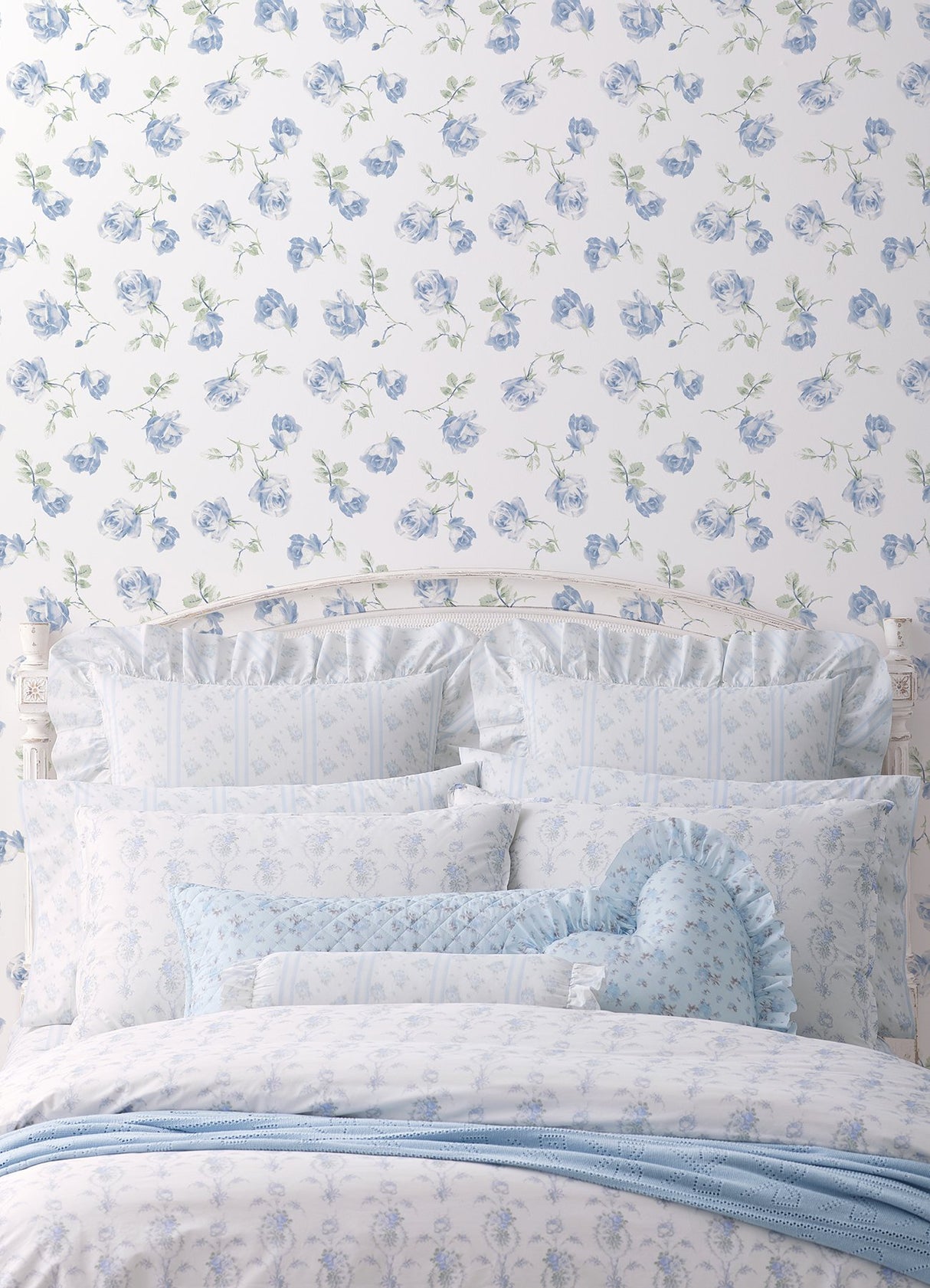 Ribbon Rosa French Blue Loose Roses Wallpaper with Botanical Vintage Style - A-Street Prints AST6085