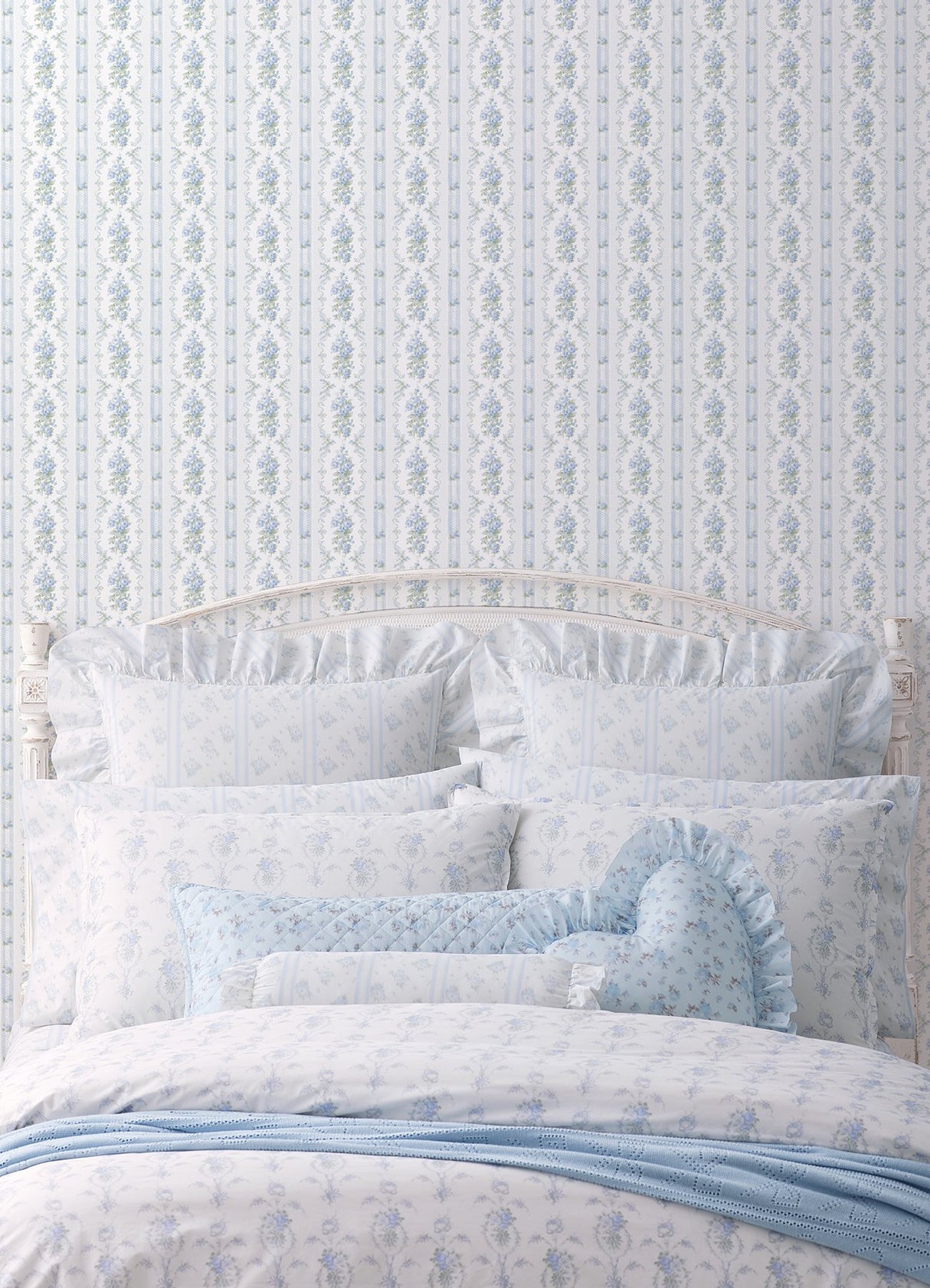 Dreamy Days Sweet Blue Stripe & Floral Wallpaper with Botanical Vintage Motif - AST6087