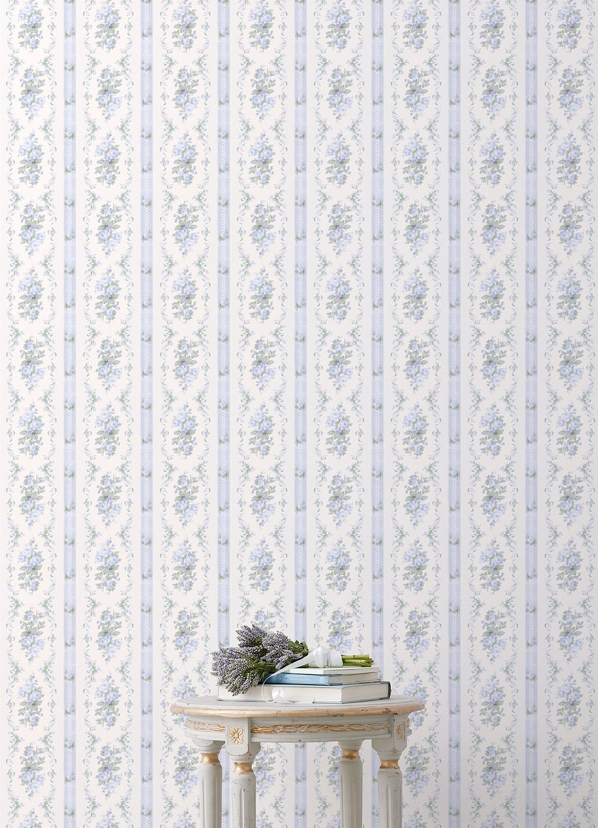 Dreamy Days Sweet Blue Stripe & Floral Wallpaper with Botanical Vintage Motif - AST6087