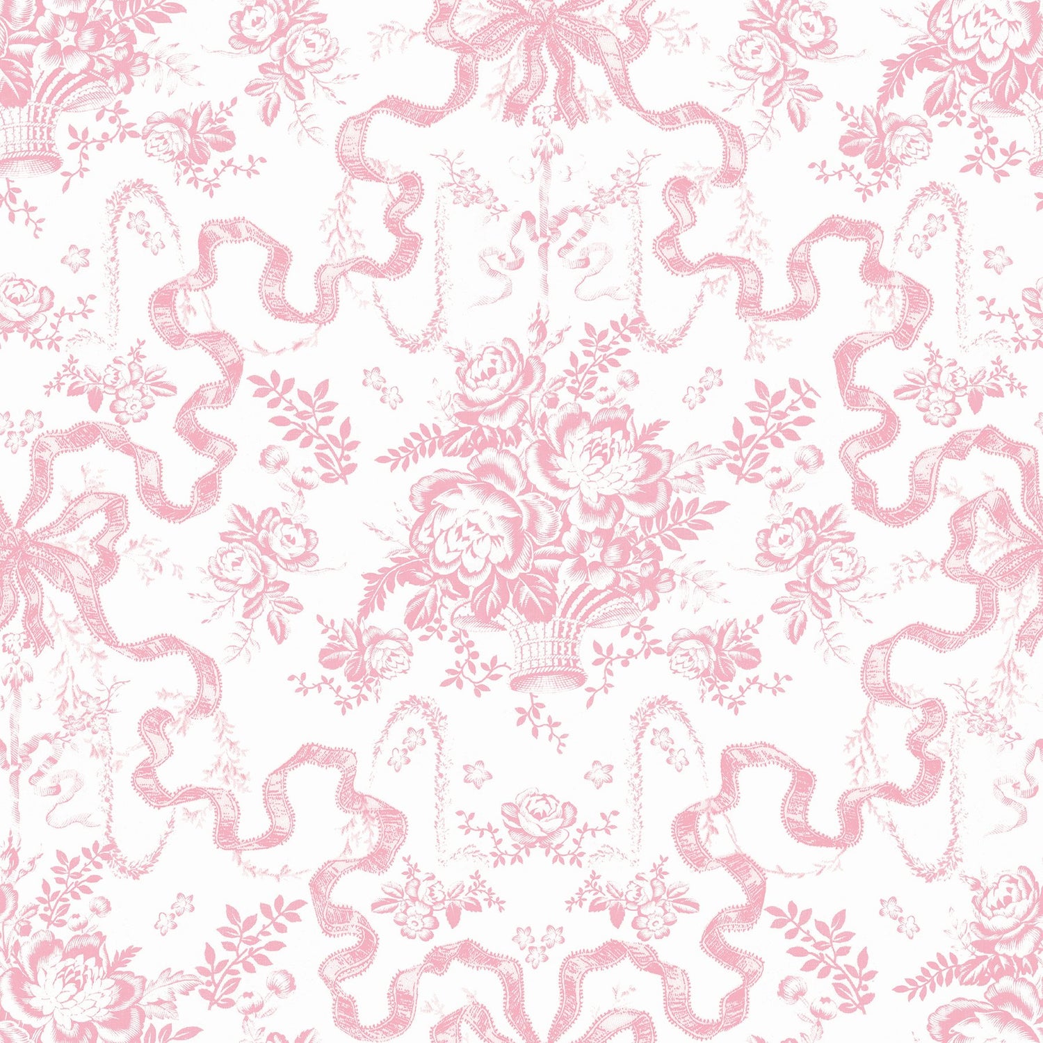 Fairytale Peony Pink Toile Wallpaper with Whimsical Floral Bow Damask - A?Street Prints AST6271