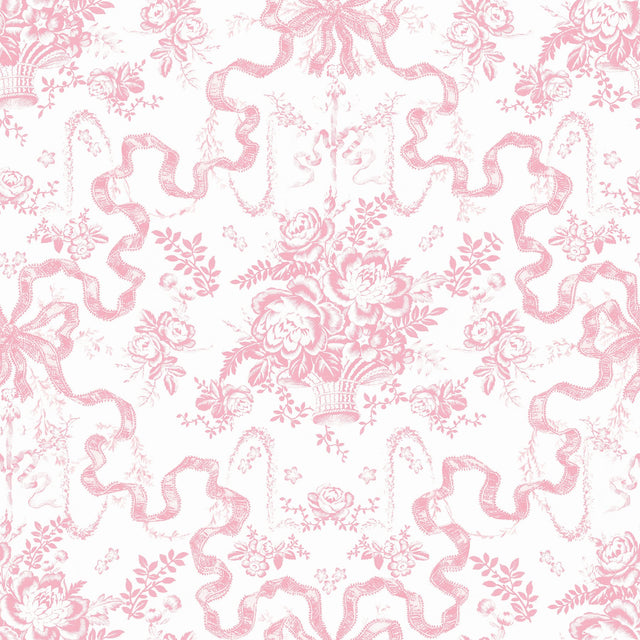 Fairytale Peony Pink Toile Wallpaper with Whimsical Floral Bow Damask - A?Street Prints AST6271