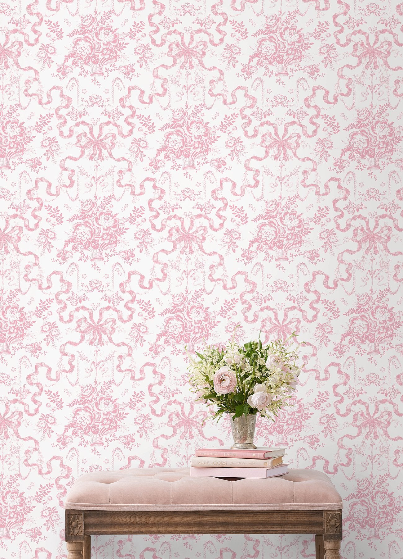 Fairytale Peony Pink Toile Wallpaper with Whimsical Floral Bow Damask - A?Street Prints AST6271