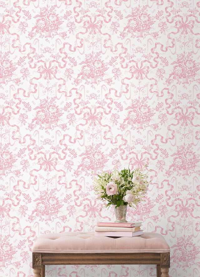 Fairytale Peony Pink Toile Wallpaper with Whimsical Floral Bow Damask - A?Street Prints AST6271