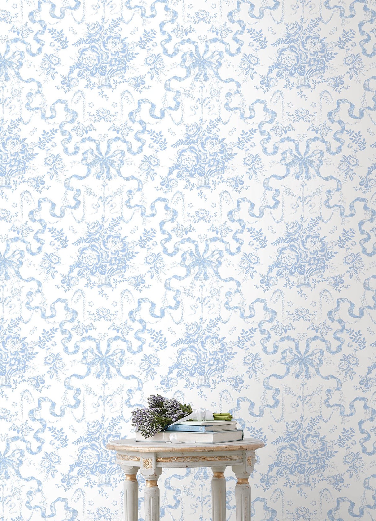 Fairytale Blissful Blue Toile Wallpaper with Whimsical Floral Damask - A?Street Prints AST6272