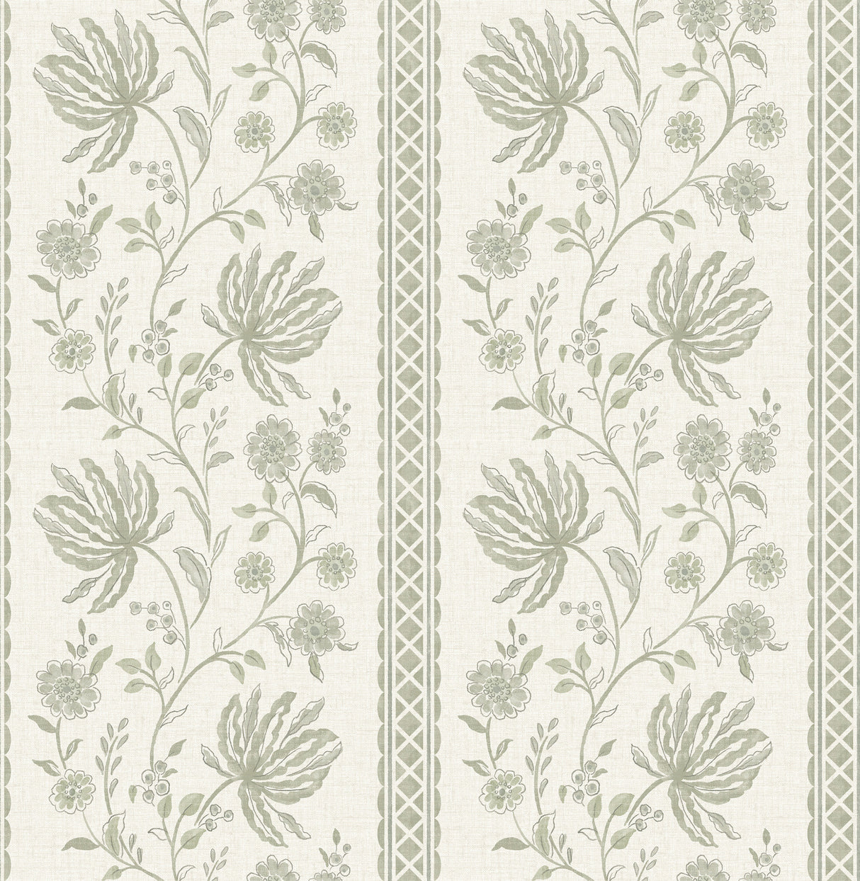 Edgemoor Sage Jacobean Stripe wallpaper roll showing soft sage floral trails with scalloped stripe accents.