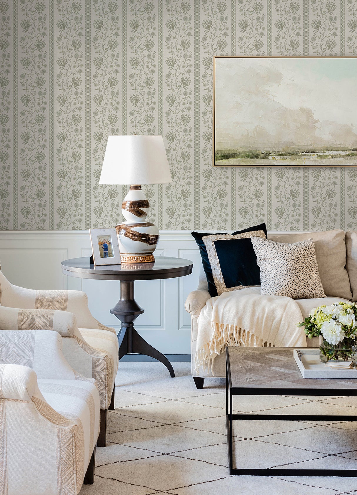 Edgemoor Sage by Erin Gates Jacobean Stripe Wallpaper- A-Street Prints AST6349