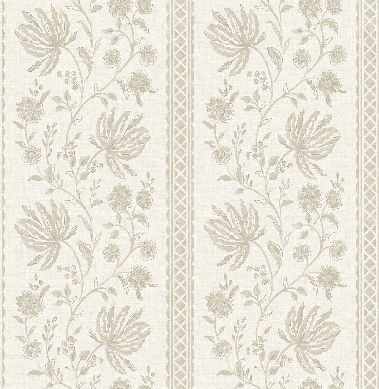 Edgemoor Taupe Jacobean Stripe Wallpaper roll and pattern