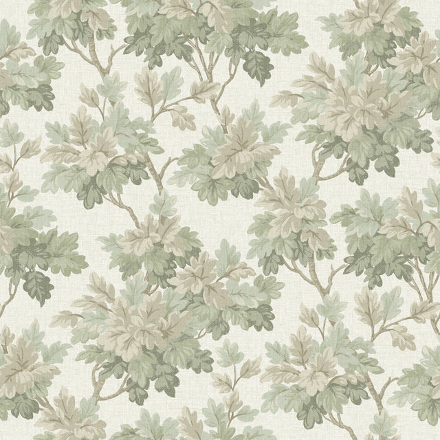 Oakcliff Sage Leaf Trail Wallpaper showing green and taupe leafy branches on a linen-look background