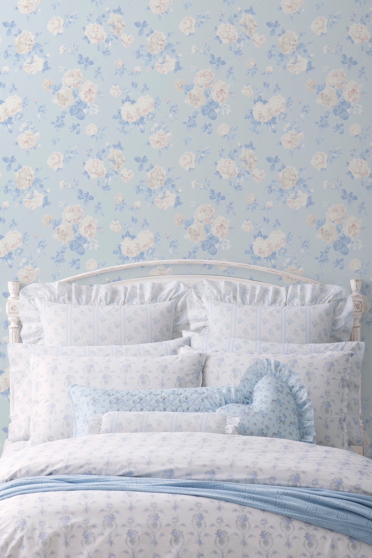 Everblooming Rosettes Whisper Blue by LoveShackFancy Cabbage Rose Bouquets Wallpaper – A-Street Prints AST6492