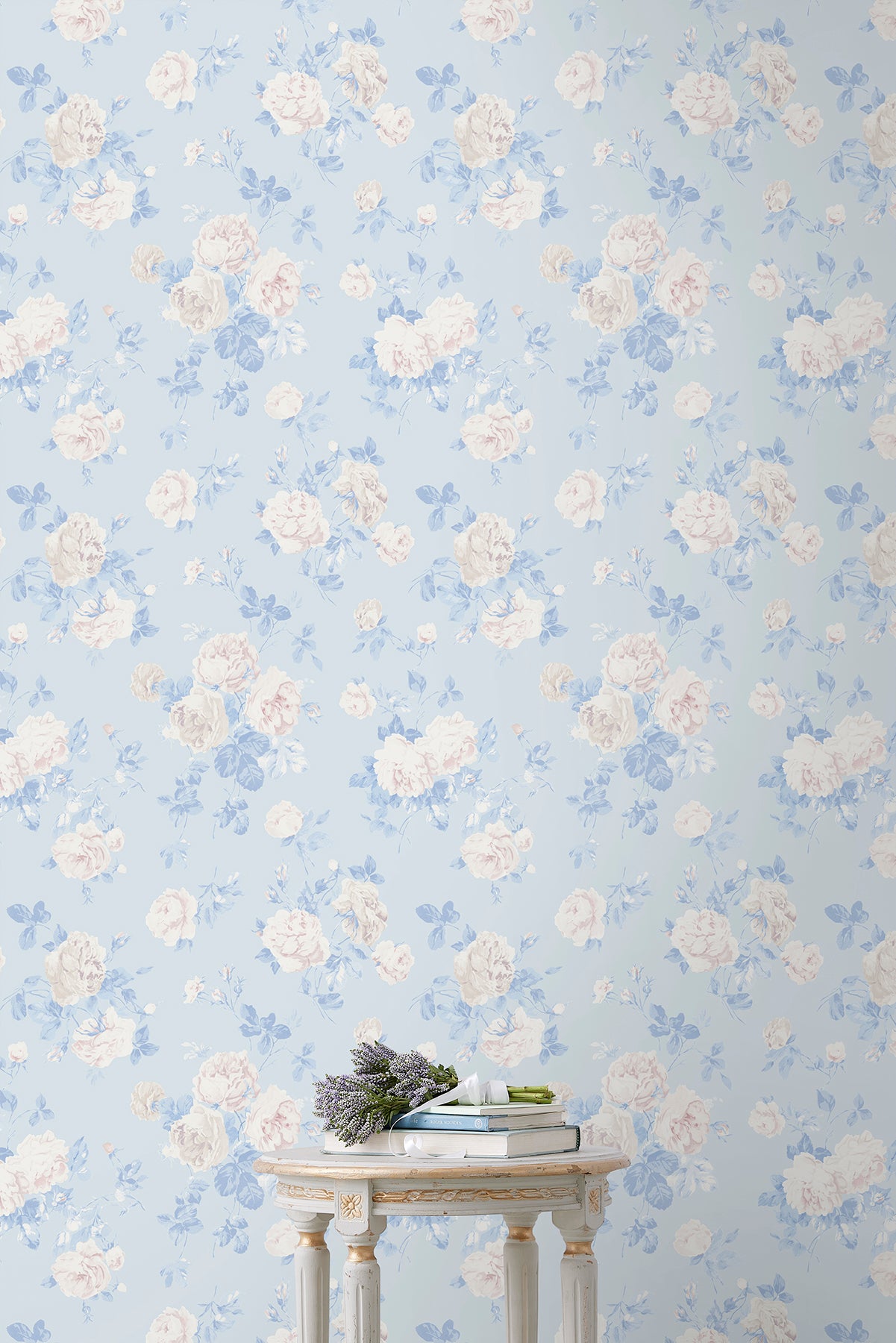 Everblooming Rosettes Whisper Blue by LoveShackFancy Cabbage Rose Bouquets Wallpaper – A-Street Prints AST6492