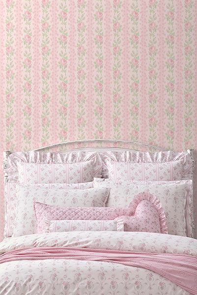 Blooming Heirloom Strawberry Macaron by LoveShackFancy Rose Stripe Wallpaper – A-Street Prints AST6493