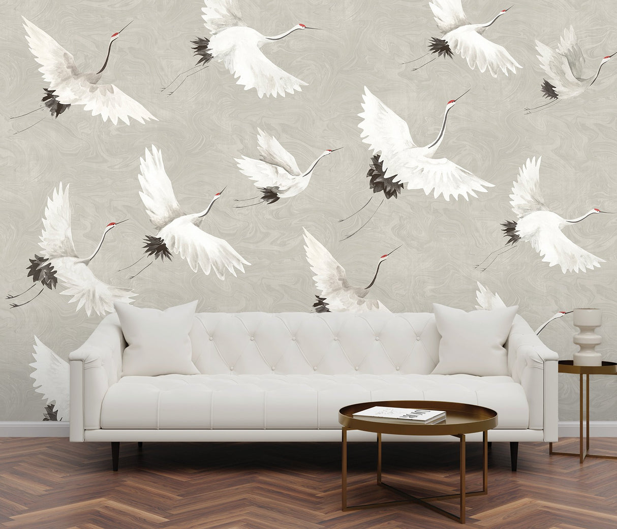 Crane You Later Dove Grey Wall Mural with Artistic Crane Motif, Non Woven, 12-ft 2-in W x 9-ft H - A-Street Prints ASTM3909