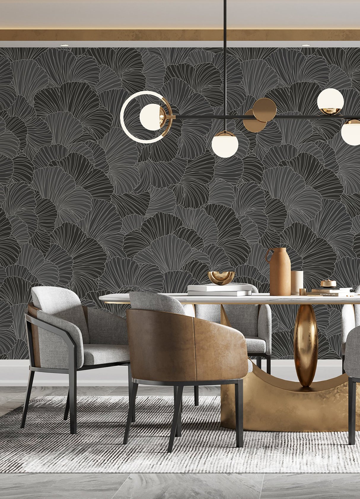 Petals Charcoal Grey Wall Mural with Modern Floral Overlapping Petals Pattern - A-Street Prints ASTM5050