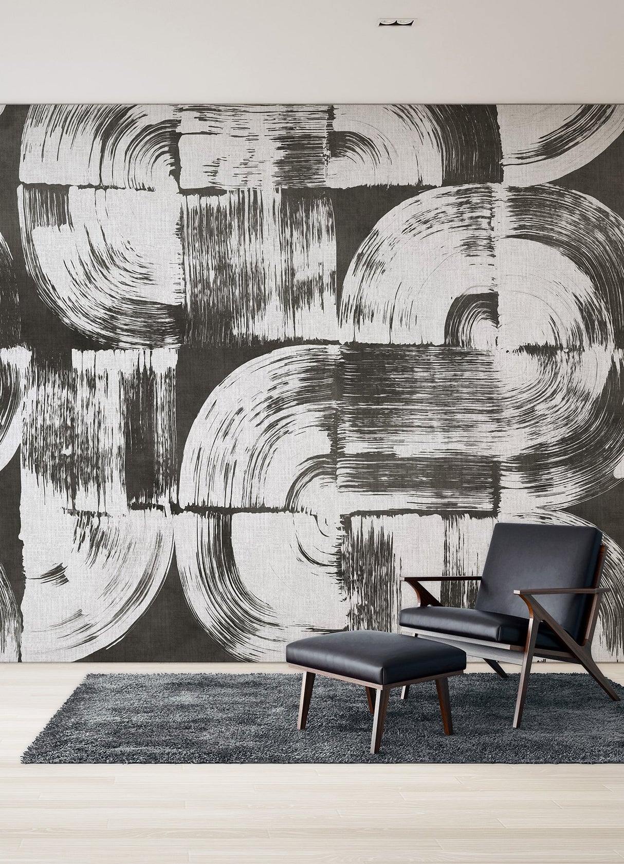 Brushstrokes Charcoal Grey Wall Mural with Geometric Painterly Swirls - ASTM5052