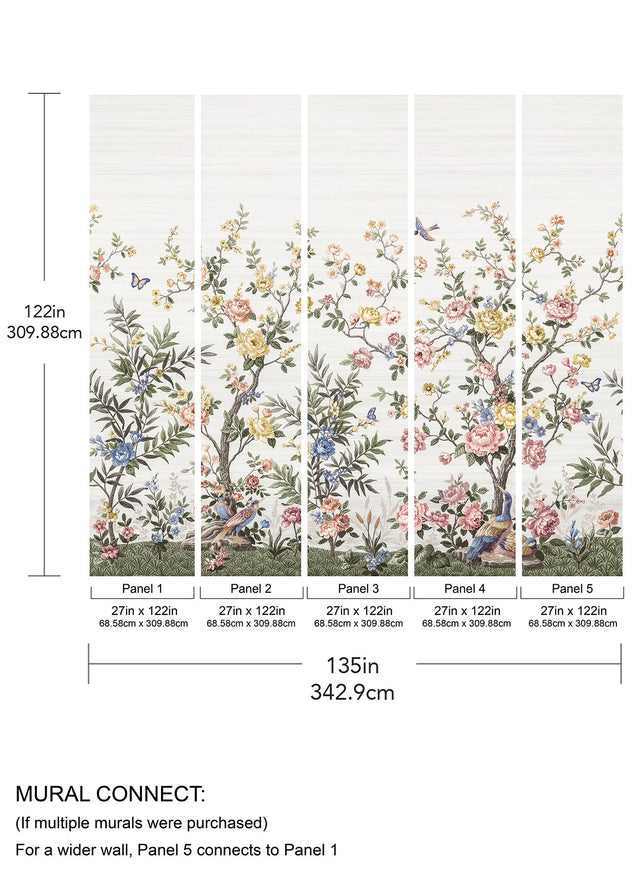 Spring Chinoiserie Soft White Wall Mural with Nature Motif, Farmhouse Style - A-Street Prints ASTM5055