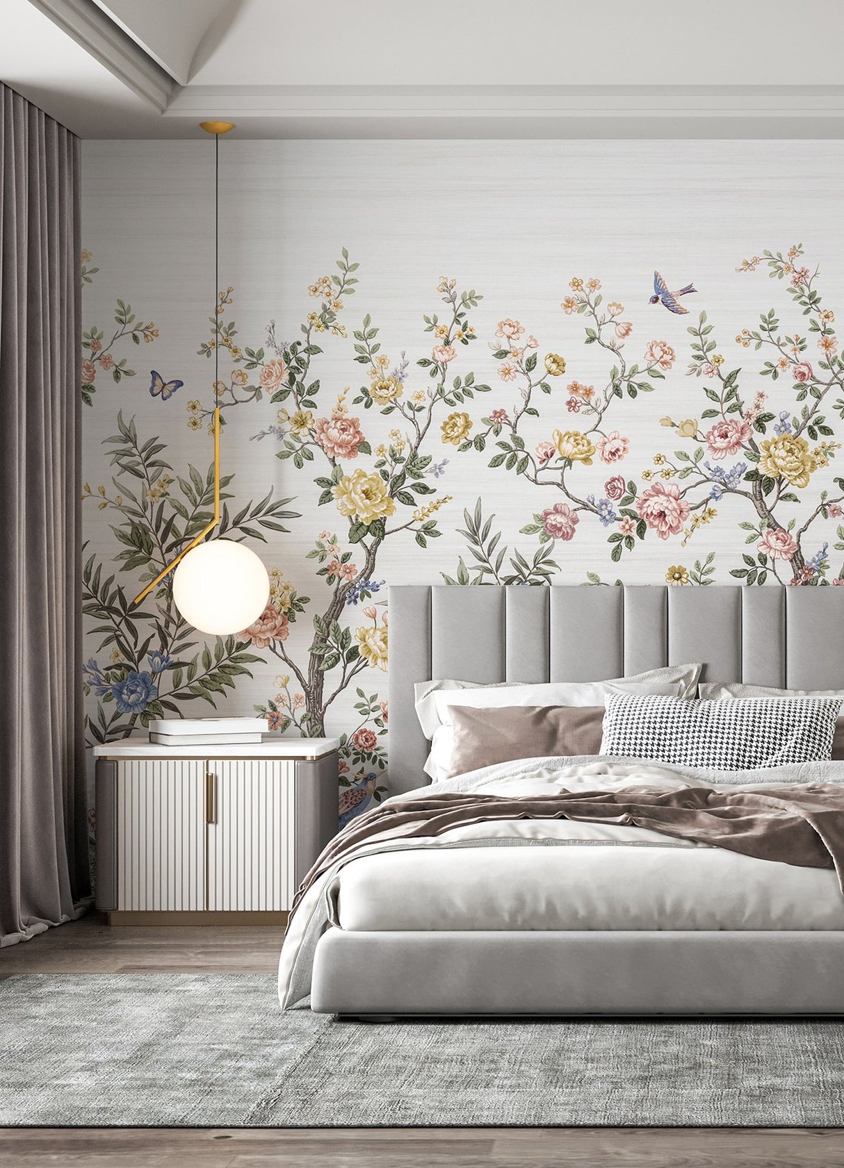 Spring Chinoiserie Soft White Wall Mural with Nature Motif, Farmhouse Style - A-Street Prints ASTM5055
