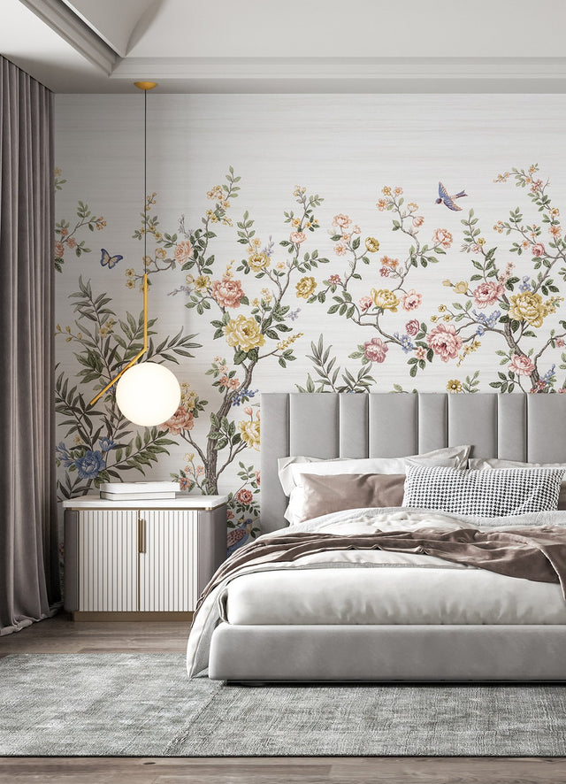 Spring Chinoiserie Soft White Wall Mural with Nature Motif, Farmhouse Style - A-Street Prints ASTM5055