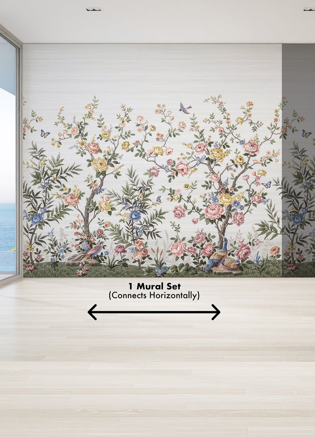 Spring Chinoiserie Soft White Wall Mural with Nature Motif, Farmhouse Style - A-Street Prints ASTM5055