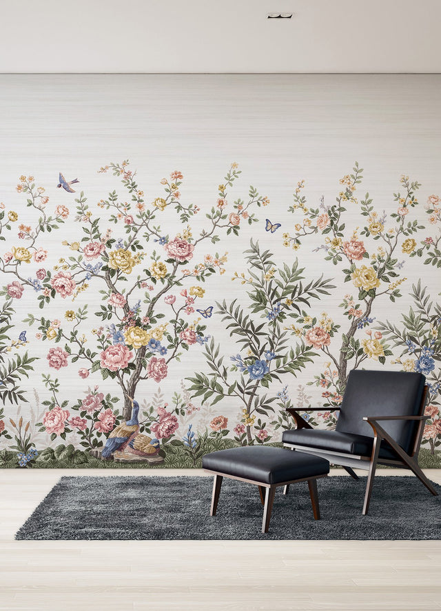 Spring Chinoiserie Soft White Wall Mural with Nature Motif, Farmhouse Style - A-Street Prints ASTM5055