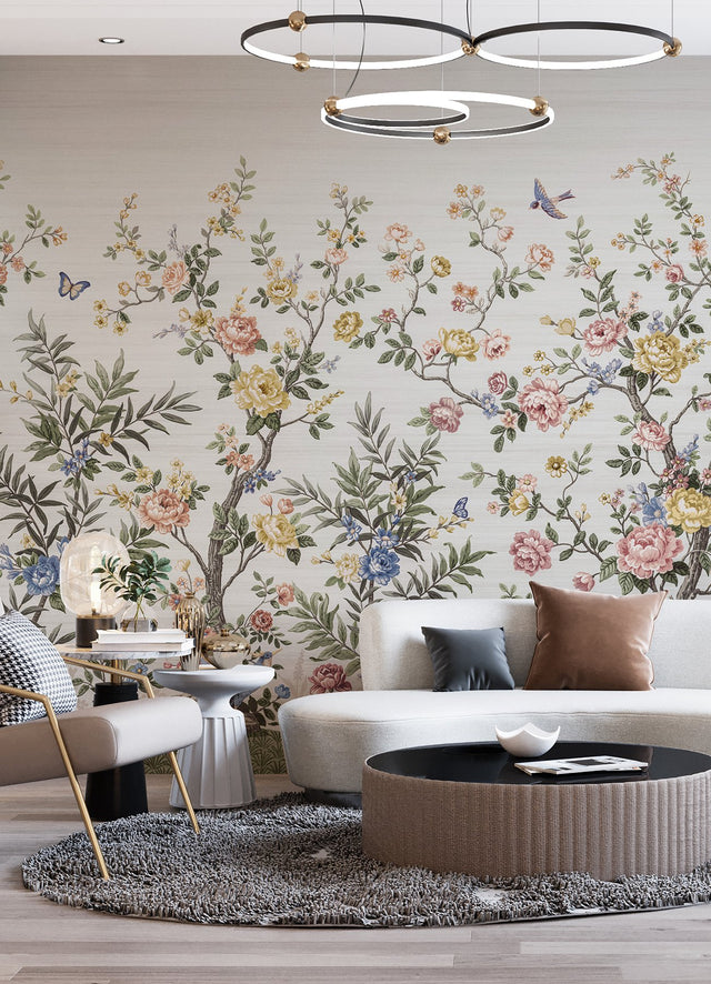 Spring Chinoiserie Soft White Wall Mural with Nature Motif, Farmhouse Style - A-Street Prints ASTM5055
