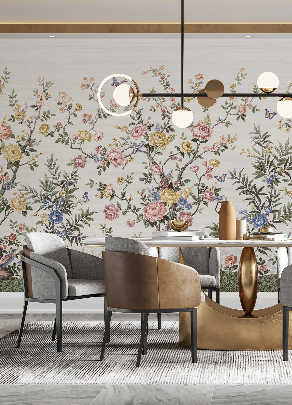Spring Chinoiserie Soft White Wall Mural with Nature Motif, Farmhouse Style - A-Street Prints ASTM5055